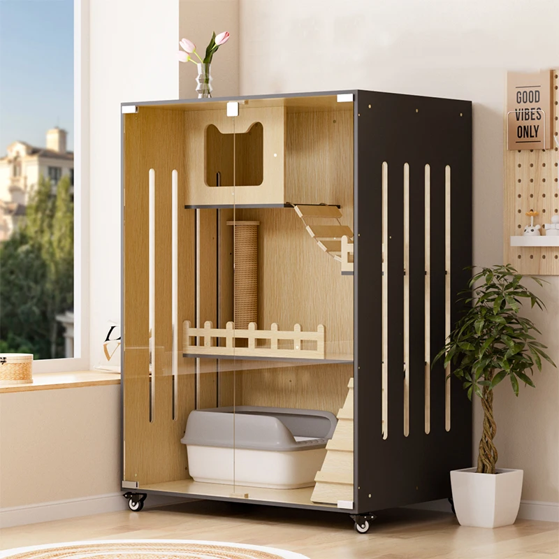 Luxury Wooden Cat Villa Indoor Cat Cage Furniture Large Cat House Cabinet With Climbing Platform Scratching Post OEM For Pet