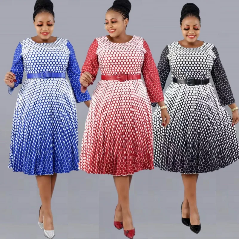 

2024 plus Size Women's Clothing New round Neck 3/4 Sleeves Pleated Snake Pattern Dress