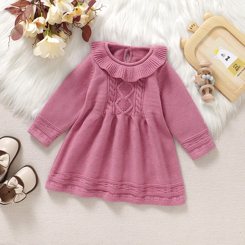 

Winter Baby Girls Sweaters Dress Spring Autumn Pink Long Sleeve Knitted Infant Toddler Outwear Birthday Dresses Clothes 1-3Y Top