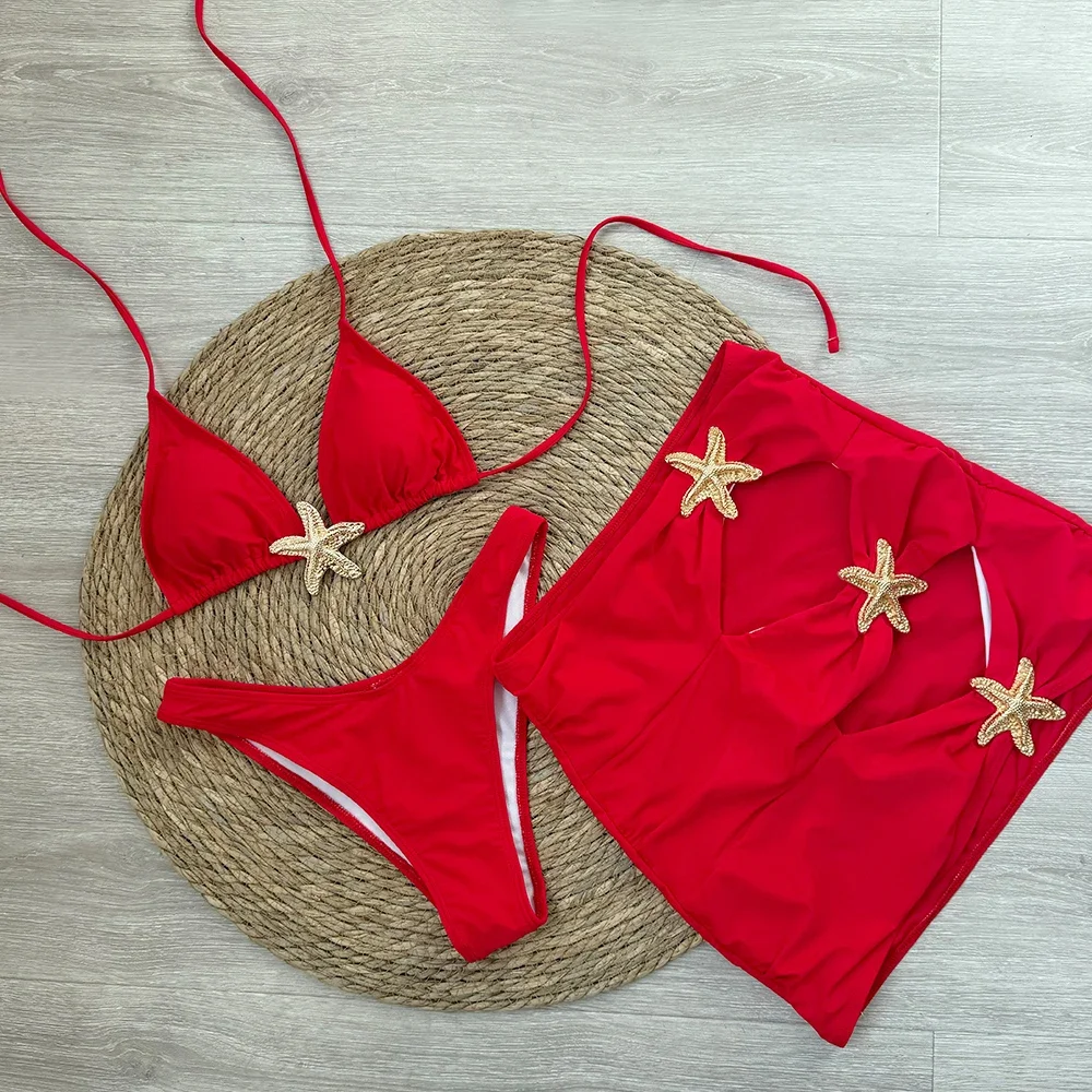 Sexy starfish 3 Pieces Bikinis 2025 Swimsuit For Women Black Swimwear Brazilian Bikini Set Biquini Female Swimuits Beachwear