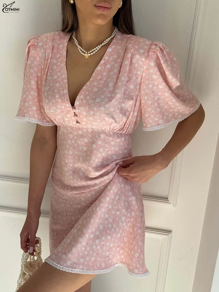 โออิมิมิชุดเดรสพิมพ์ลายสีชมพูหรูหราสำหรับผู้หญิงแฟชั่นคอวีแขนสั้นลูกไม้กระดุมชุดลำลองเอวสูงมินิเดรสหญิง