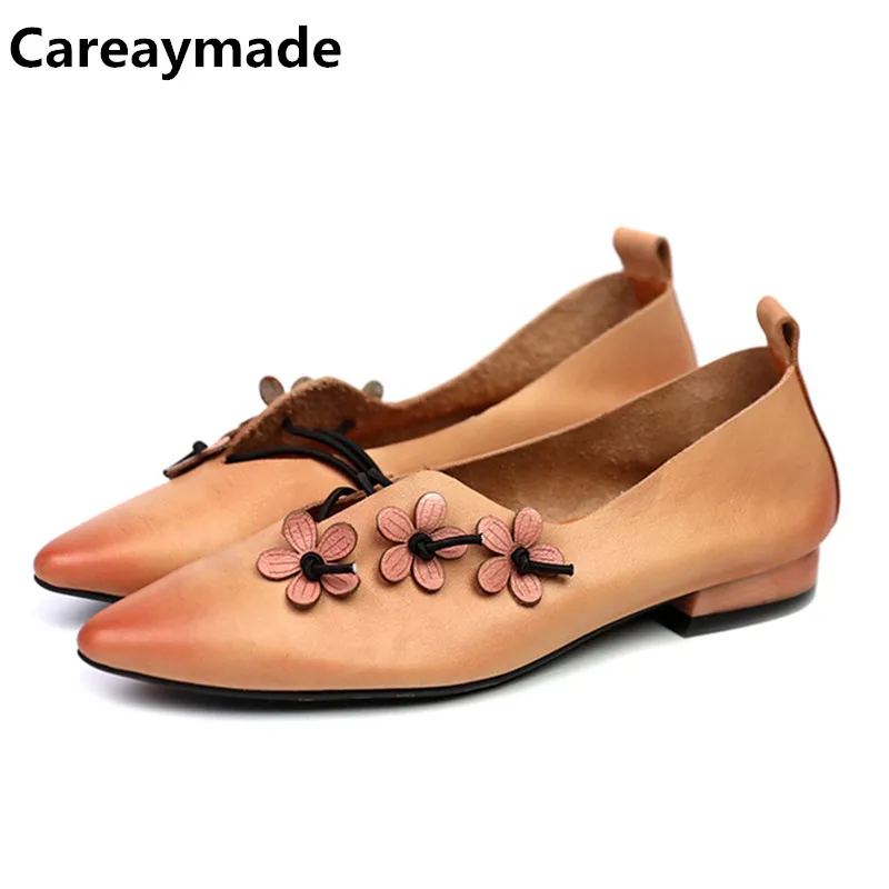 Careaymade-First layer cowhide women's shoes New single shoes women's leisure literature art flower pointed head lazy shoes