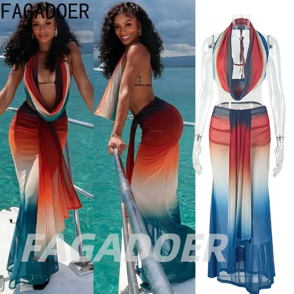 

FAGADOER Women 2 Piece Gradient Outfit Halter Neck Sleeveless Top and Skirt Set Sheer Chiffon Cover-Up Set Beachwear Vacations