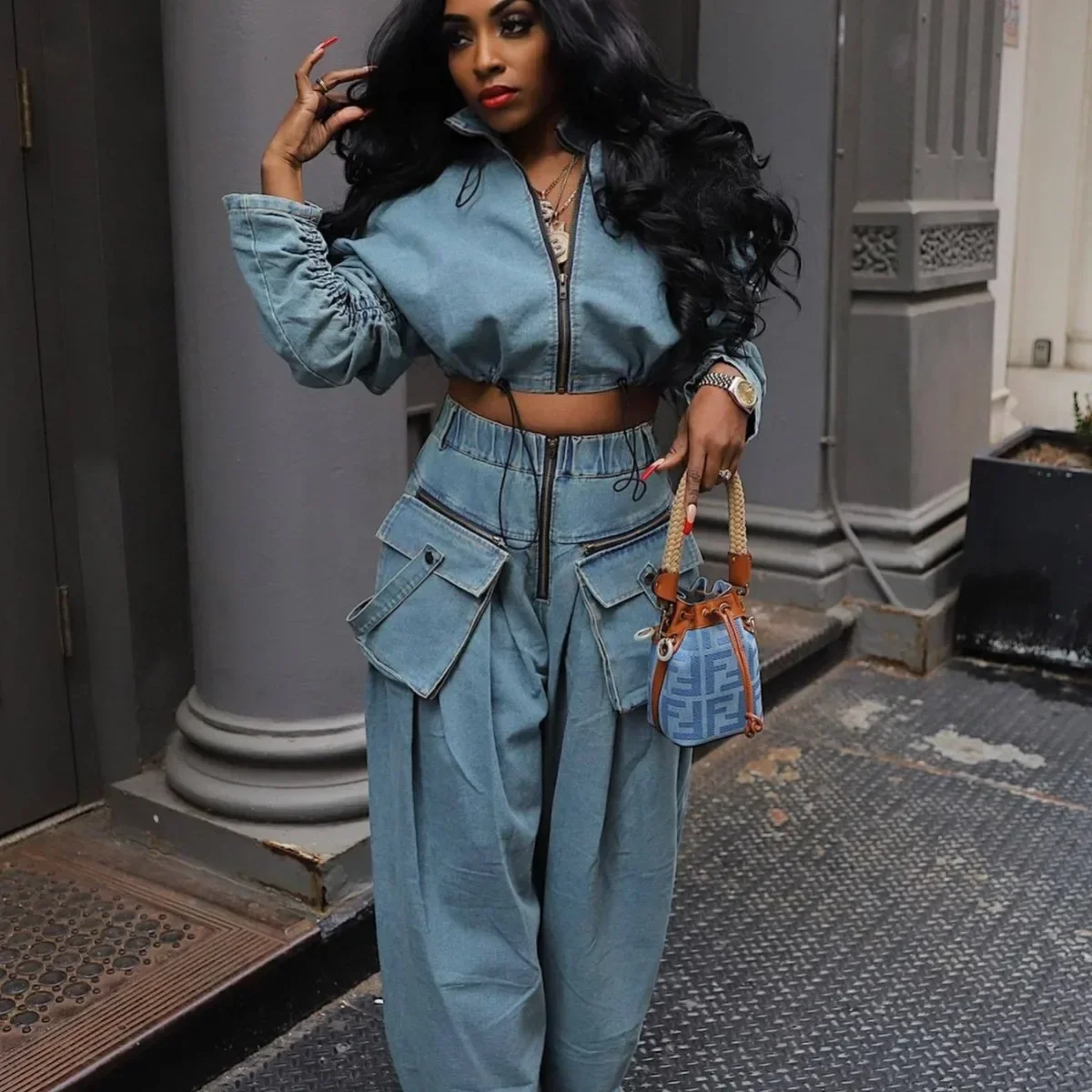 Fashion Retro Women's Casual Wide Leg Loose Heavy Duty Denim Two-piece Set For Women Two Piece Set Women 2025 New Jean Sets
