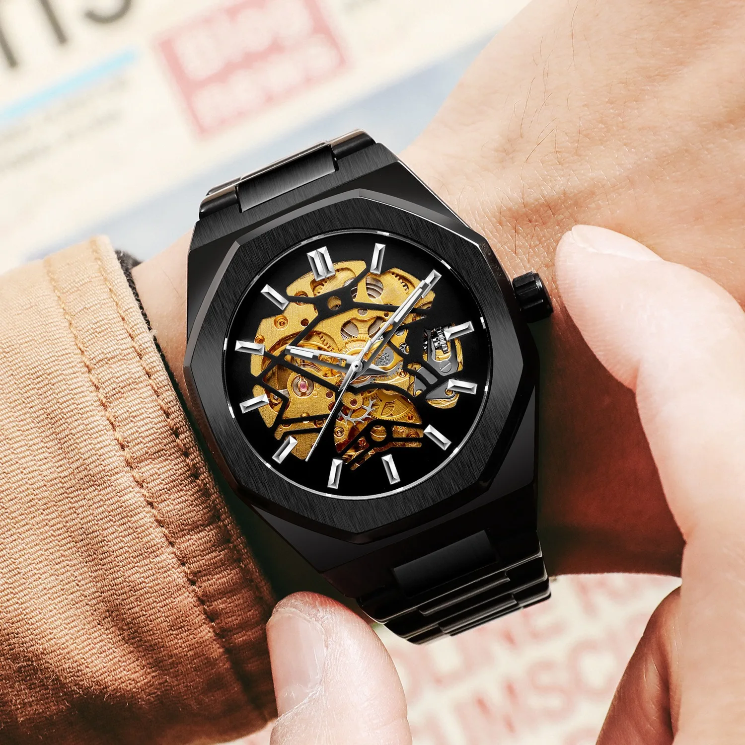 Men Automatic Mechanical Watch Skeleton Sport Waterproof Stainless Steel Band Case Reloj Hombre 2026 Fashion Large Dial