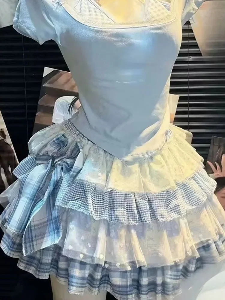 Mini Skirts Women Bow Patchwork Ruffles Lolita Style Vintage Grunge Y2k Aesthetic Harajuku Cake Skirt Female Casual
