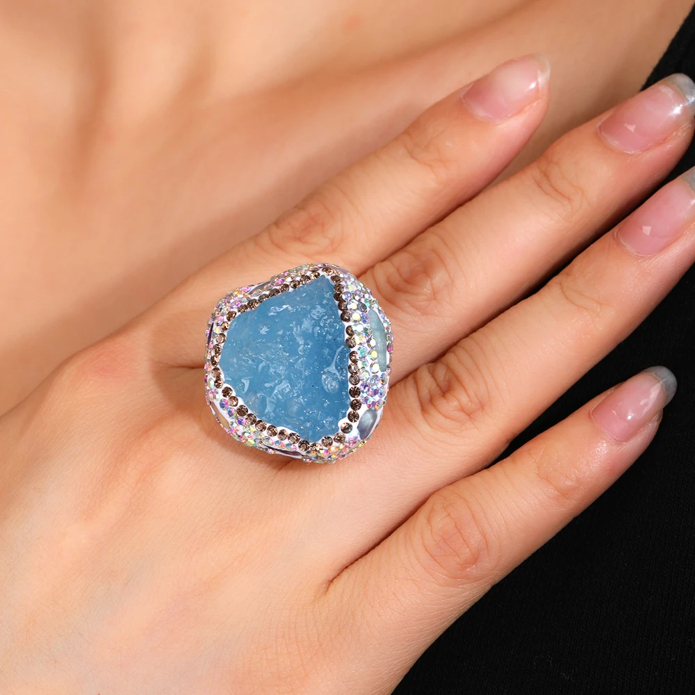 Handgefertigter natürlicher Amethyst Druzy Aquamarin Rohstein Ring Unregelmäßiger Kristall Verstellbare Öffnung Boho Damenschmuck Geschenk für Sie – Detail 4