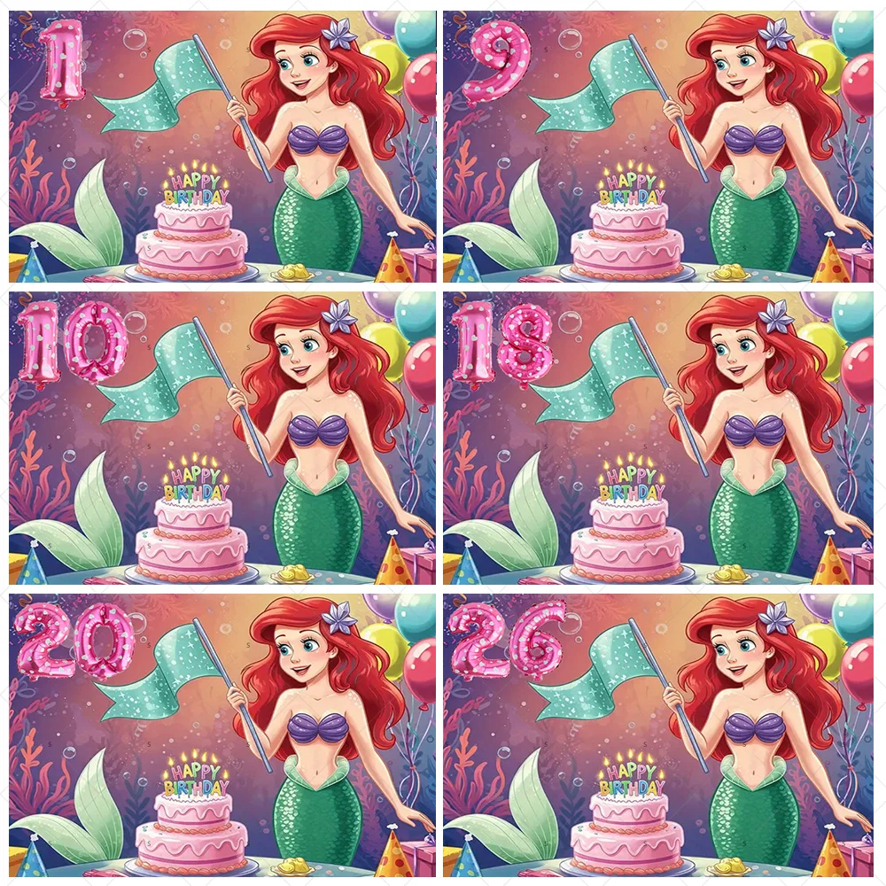 

Disney Mermaid Ariel Princess Background Cake Balloons Backdrop Supplies 1-28th Girl Birthday Party Decoration Photography Props