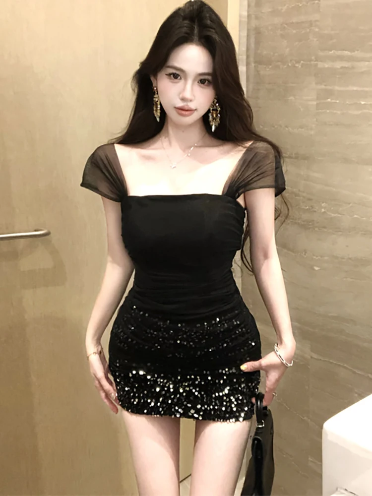 

Black Mesh Patchwork Sequins Mini Dress for Women Autumn Short Sleeve Square Collar Sexy Dress 2025 Korean Bodycon Evening Dress