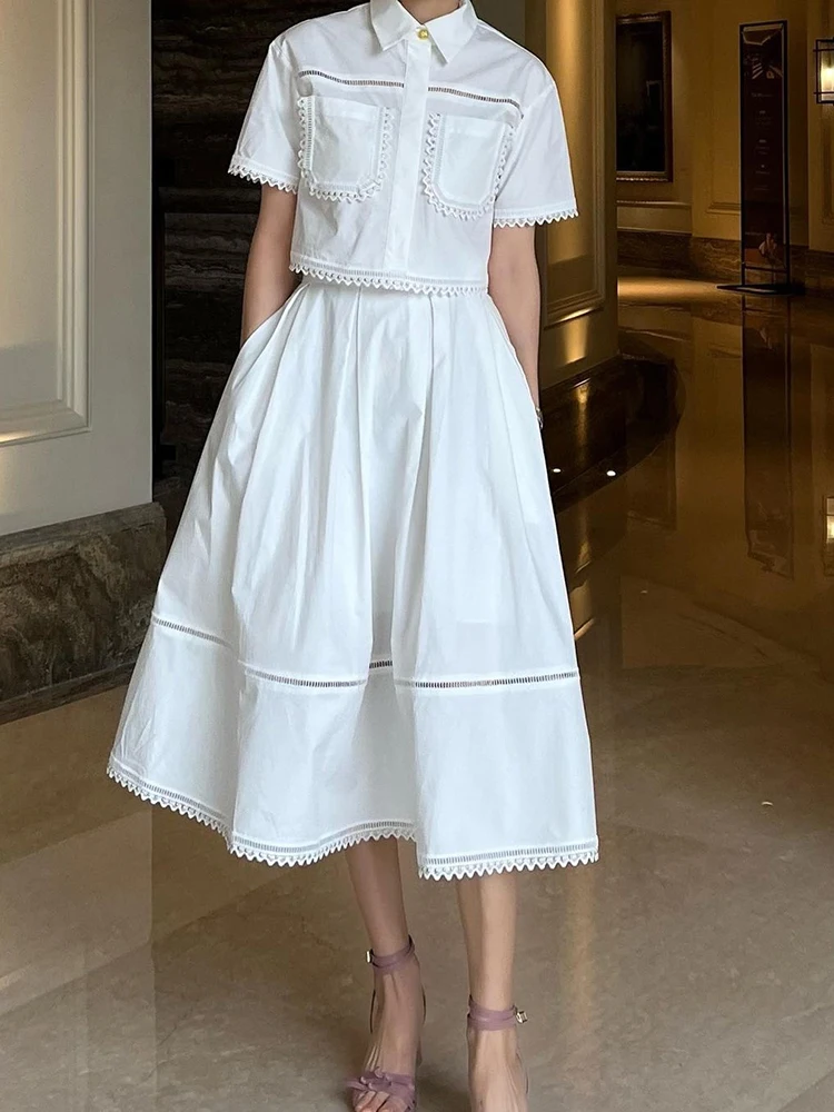 

2024 Summer New Elegant 2-Piece Sets For Women Fashion Lapel Short Sleeve Tops High Waist A Line Pleated Skirts Solid Set Female