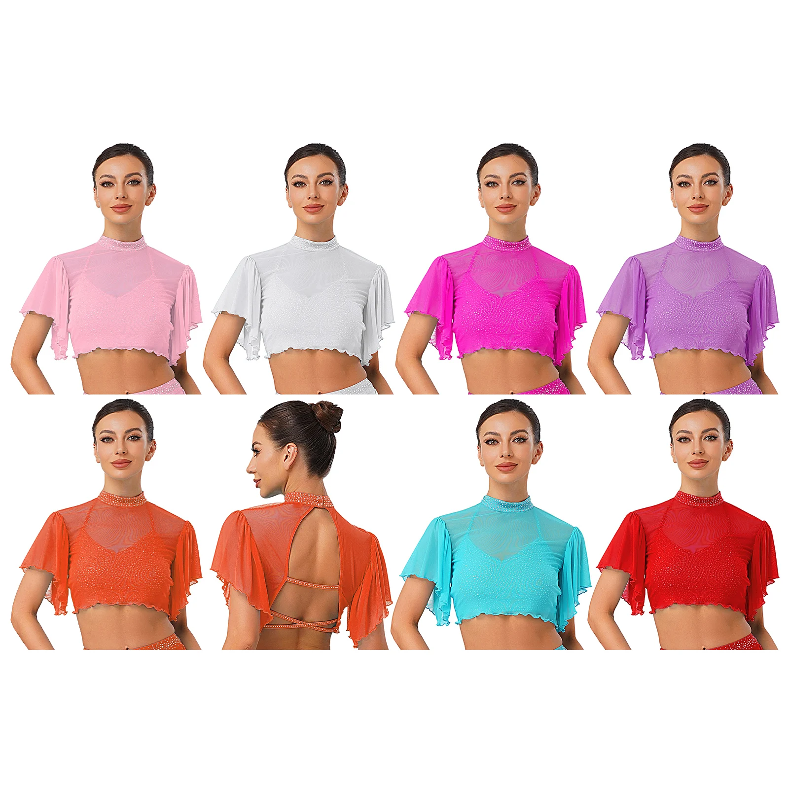 Cardigan court de danse latine lyrique pour femmes, strass brillants, manches courtes, dos ouvert, haut pour spectacle de danse moderne de Ballet