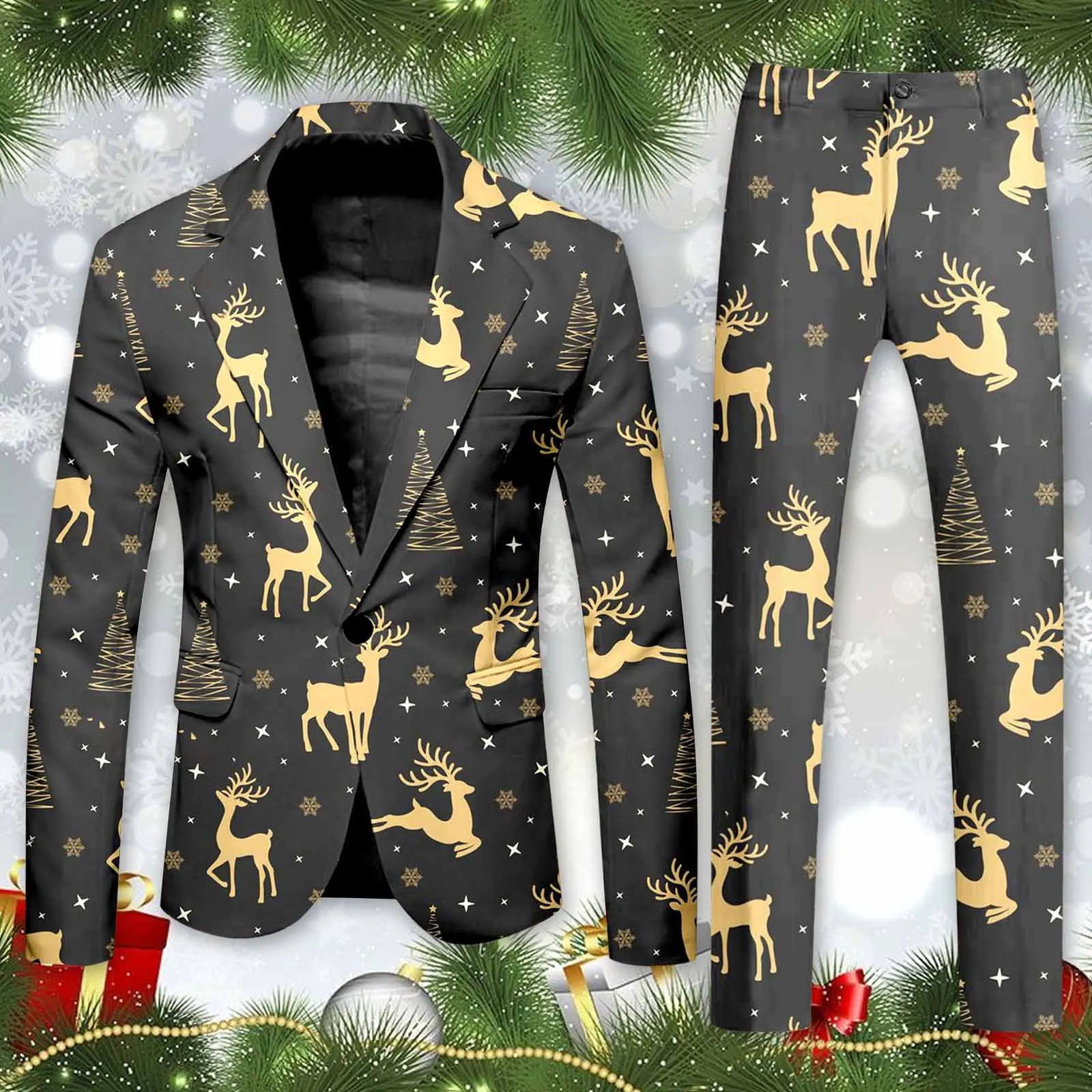 Blazer Men\'s Christmas 2 Piece Suit Set Snowflake Print Suit Jacket And Pants Set Slim Fit Xmas Party Wear Formal Suit For Men