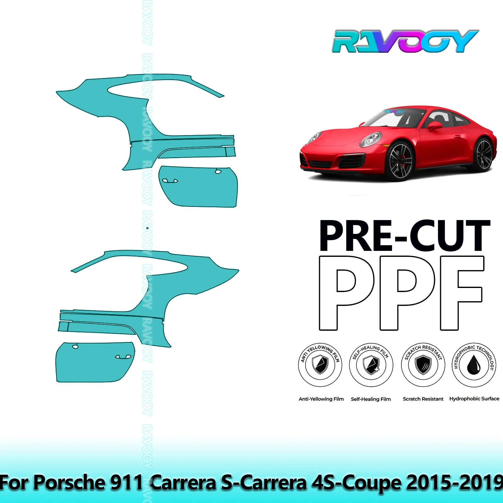 

For Porsche 911 Carrera S-Carrera 4S-Coupe 2015-2019 8.5mil Pre-Cut PPF Door & A/B Pillar Kit TPU Paint Protection Film Set