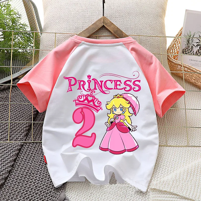 

Princess Peach 1-10 Birthday T-shirt Girl Kawaii Anime Figures Short Sleeve Super Marios Trendy Sweet Cotton Tee Kid Clothes Top