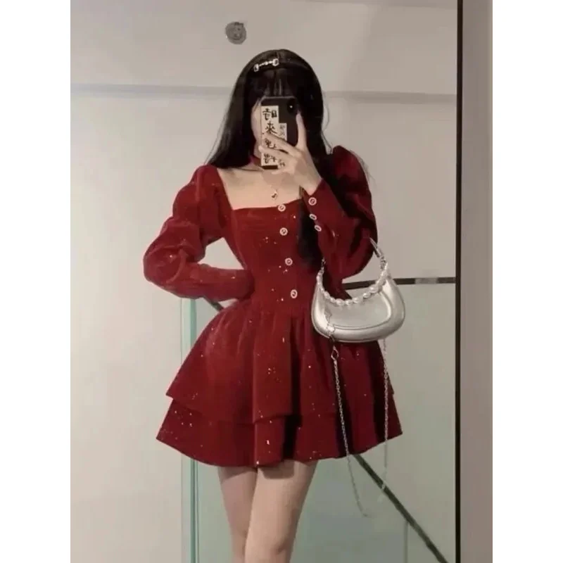 Korejepo mujeres francés cuello cuadrado Vestido de terciopelo Otoño Invierno fino Navidad Año nuevo bata vestidos diosa dulce Vestido 2024