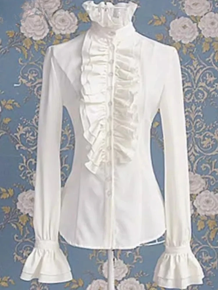 2025 Camisas De Mujer Flare Sleeve Tunic White Blouses for Women Stand Neck Ruffles Shirts Fashion Summer Japanese Blouse Tops