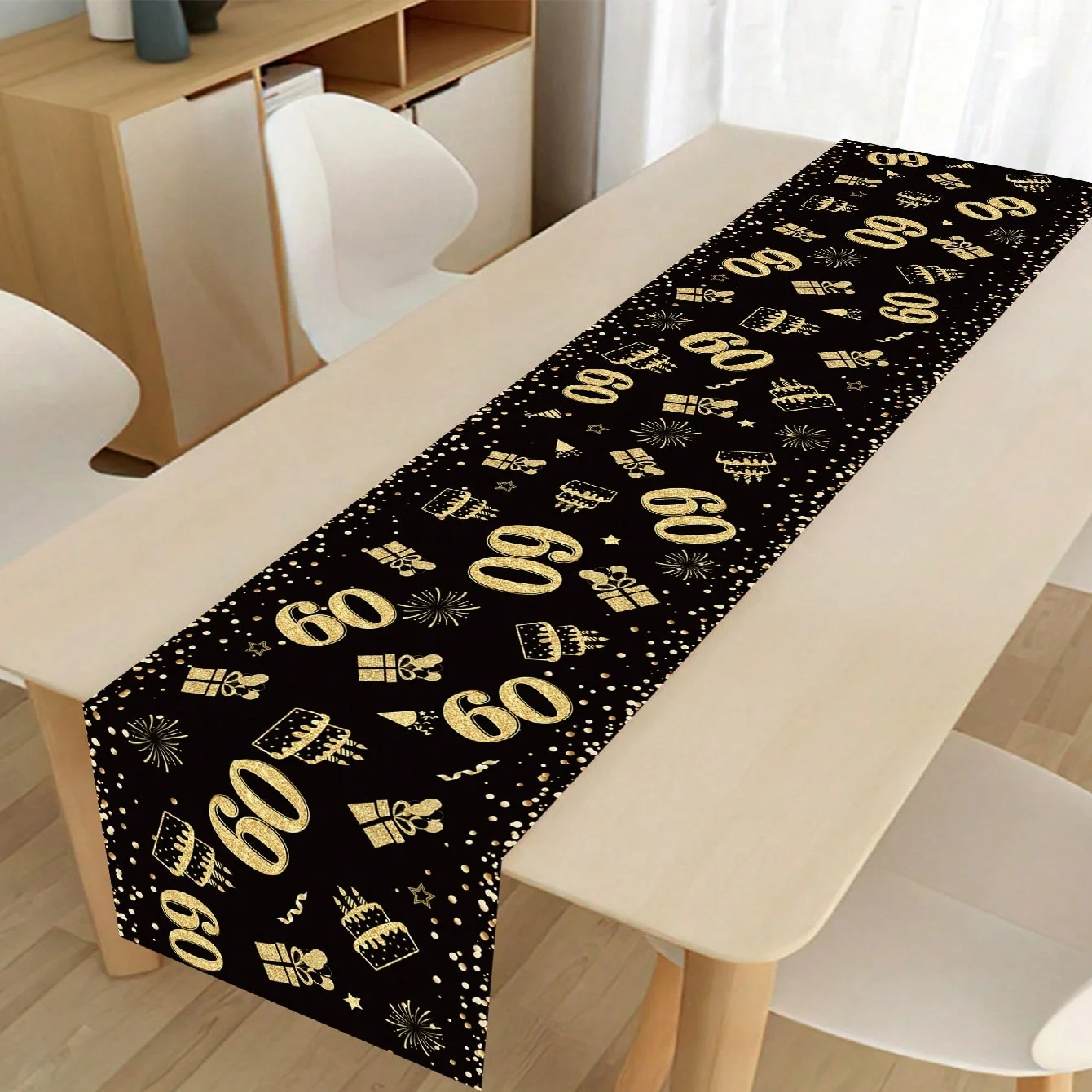 1-teiliger Tischläufer für 60. Geburtstagsfeiern in Schwarz und Gold, Tischdecke mit Goldfolien-Zahlen-Dekoration, lange Tischdecke für das Bankett zum 60. Geburtstag, Party-Dekoration für Erwachsene