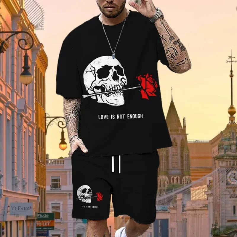 

2025/26 New Latest T-shirt Set 3D Printed Skull Vacation Style Various Elements Fashion Trend Street Men's Set Summer Top Shorts