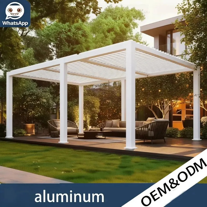 Aluminum Alloy Pergola Adjustable Louvered Roof Luxury Waterproof Windproof LED Outdoor Balcony Gazebo Support Custom Dimension