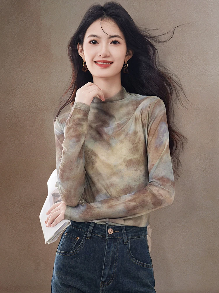 

Unique Ele Printed Base irt Netting Long Sve Slim Fit Faionable T-irt Women's Autumn Commute Sle Polyester Fiber