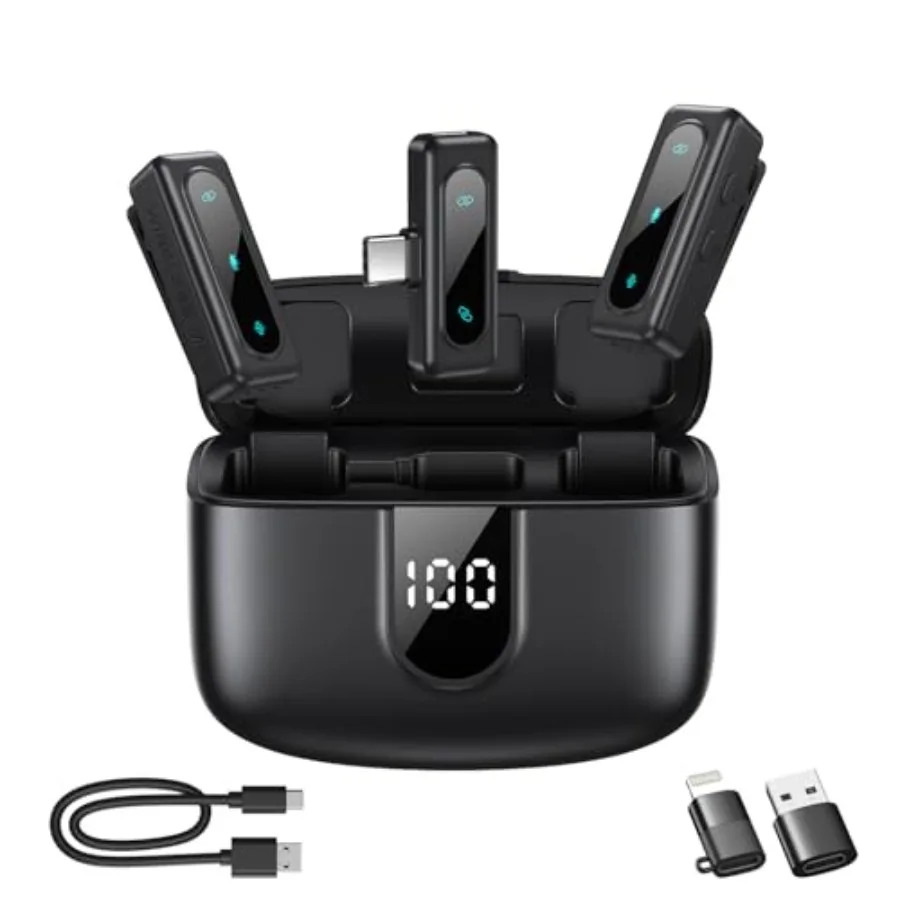 

Wireless Lavalier Microphone for iPhone Android Laptops Noise Cancellation Auto Pairing 24H Battery Life with Charging Case USB
