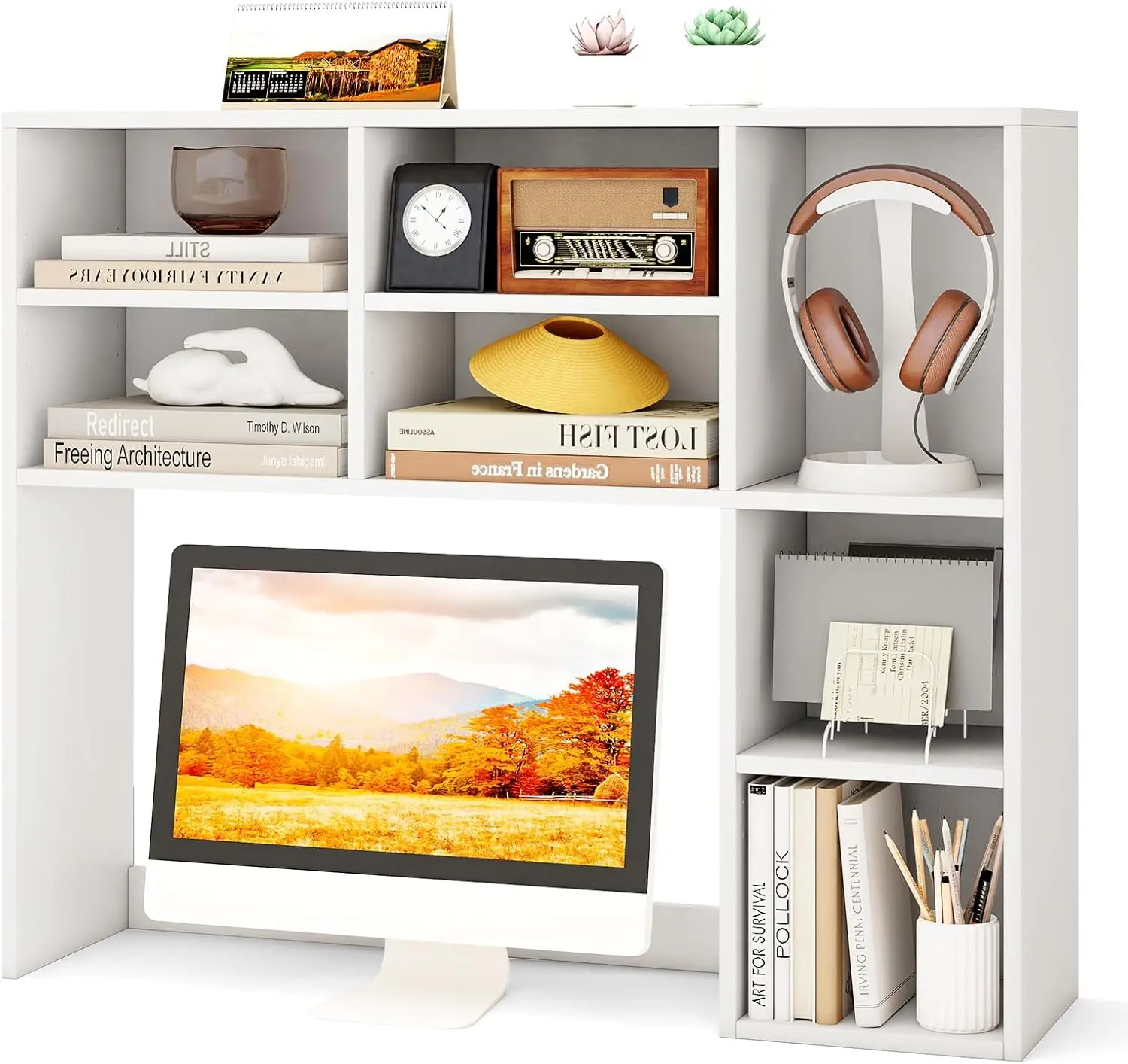 

Desk Paper Organizer Wood Desktop Hutch Home Office Shelf All Season White