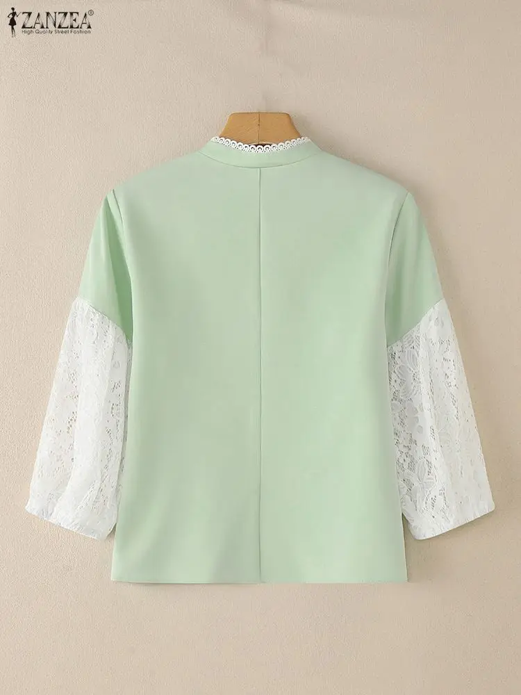 女性用スタイリッシュな透かし彫りブラウス ZANZEA 2026 春 レース パッチワーク シャツ 夏 七分袖 ワークトップス ボタン付きブラウス チャイナ風