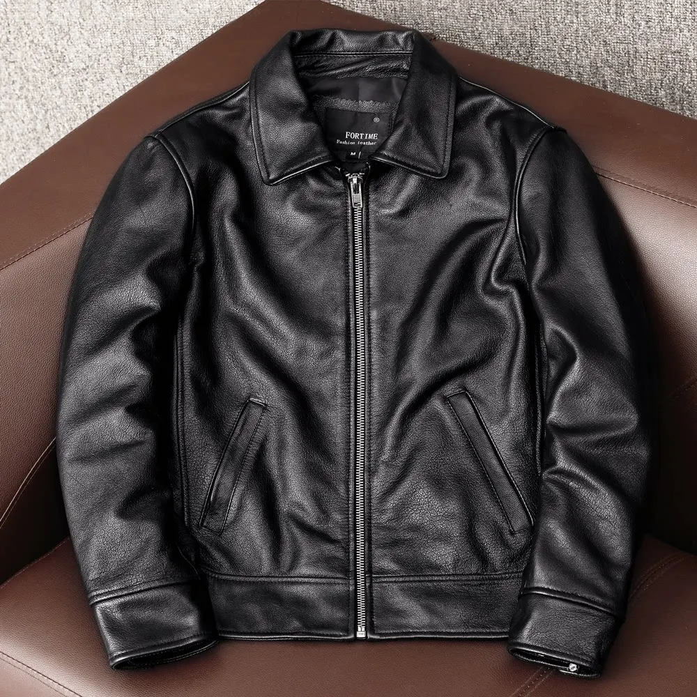 

Simple pure first layer cowhide soft leather men's short slim lapel jacket