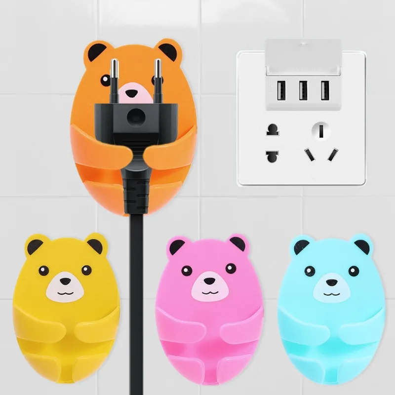 Multi-Function Wall Storage Hook Cute Bear Plug Bracket Self-Adhesive Wall Hook Strong Bearing Capacity Punch Free Plug Hook