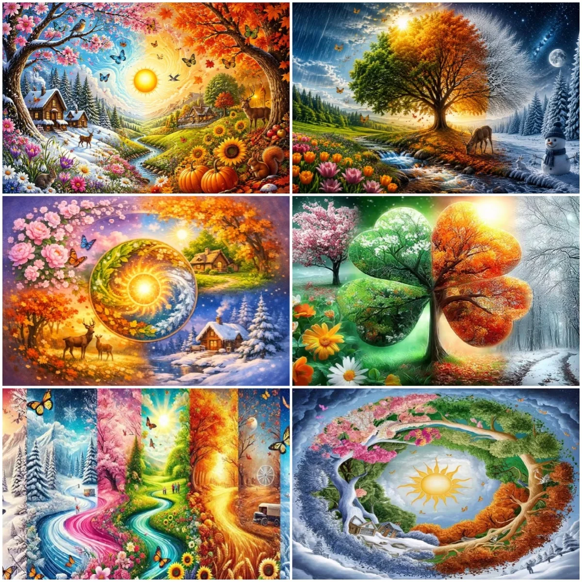 Four Seasons Scenery Background Spring Summer Autumn Winter Landscape Banner Flowers Plants Trees Photo Background Garden Decor