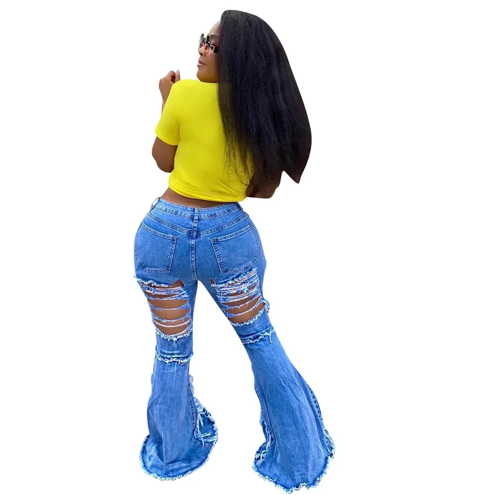 Women Clothing 4XL Sexy Front Back Hole Ripped Bell Bottom Woman Jeans Wide Leg Flare Denim Pants