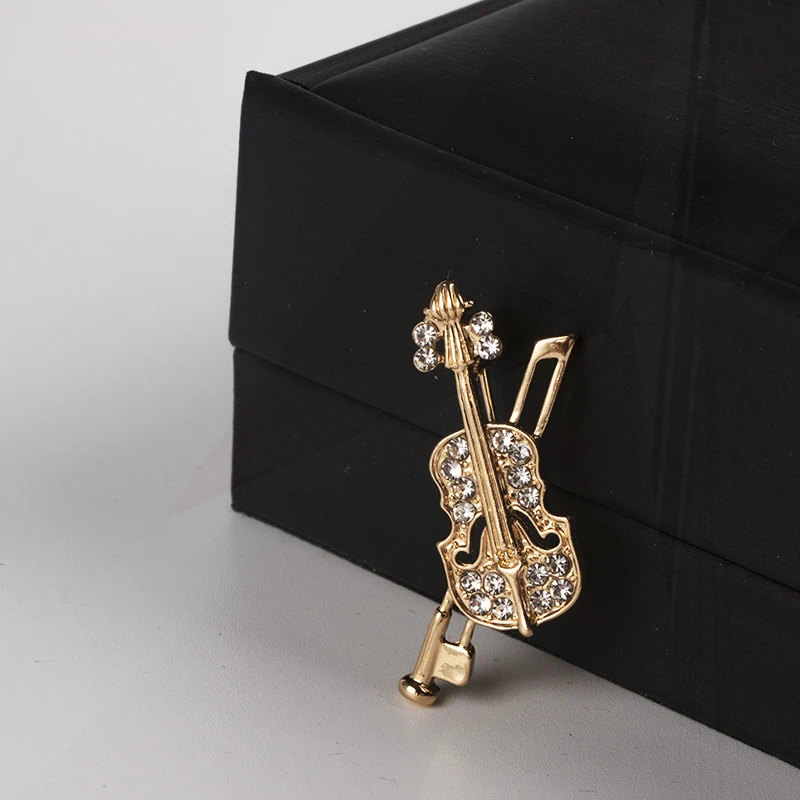 Music Equipment Classic Lapel Brooch Gifts for Teacher Men Accessories Korean Fashion Metal Crystal Violin Pin Jewelry Luxury