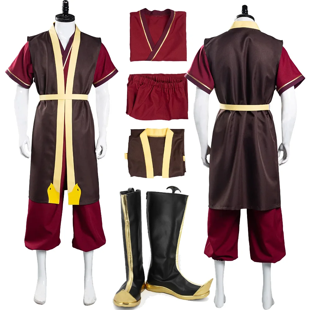 Anime Zuko Cosplay Fantasia para Homem, Sapatos, Botas, Uniforme, Top, Calças, Cinto, Roupas Avatar, Halloween, Fato de Carnaval