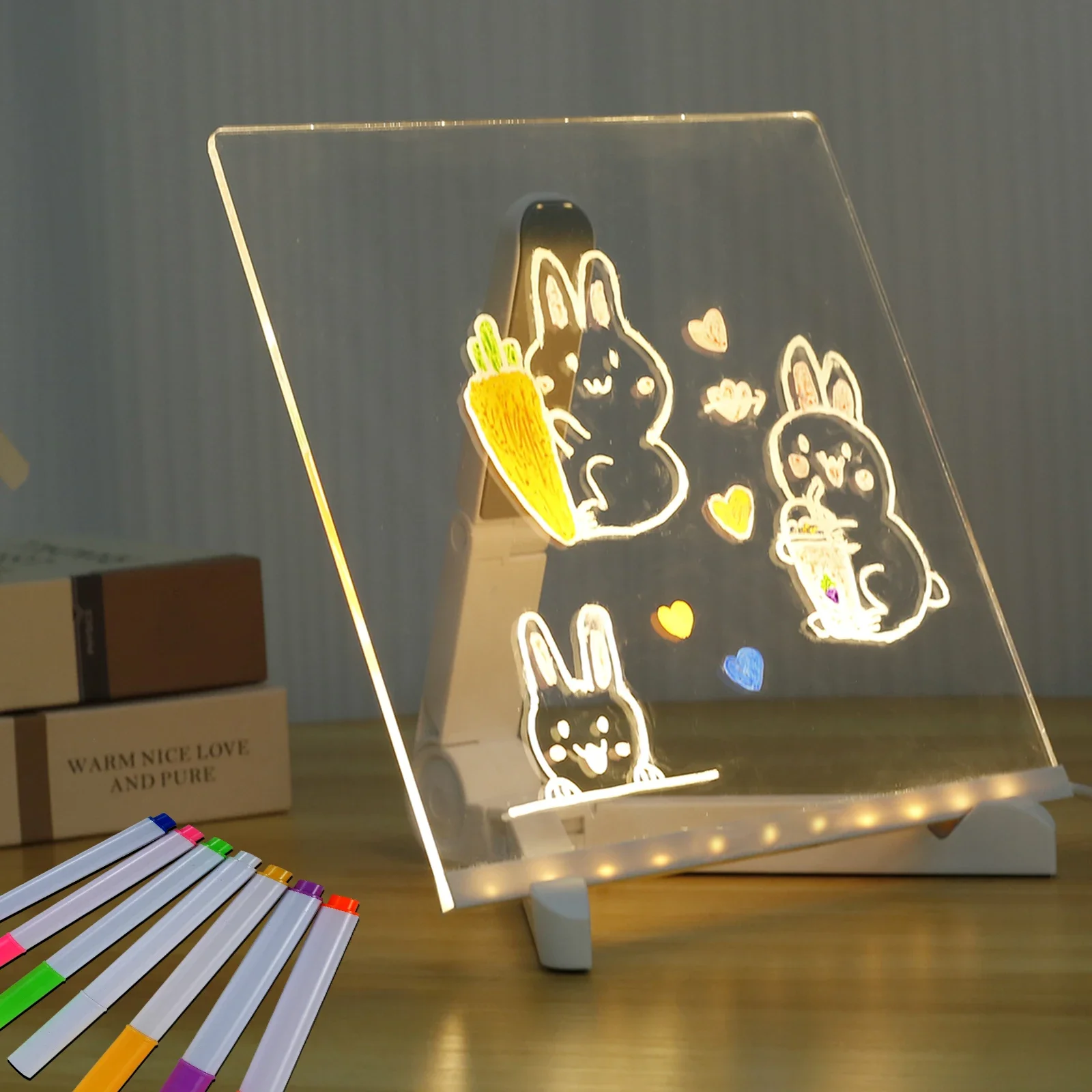 Tablero LED de borrado en seco, tablero de mensajes iluminado con soporte, tablero de notas acrílico LED creativo, escritura de notas de escritorio multiusos