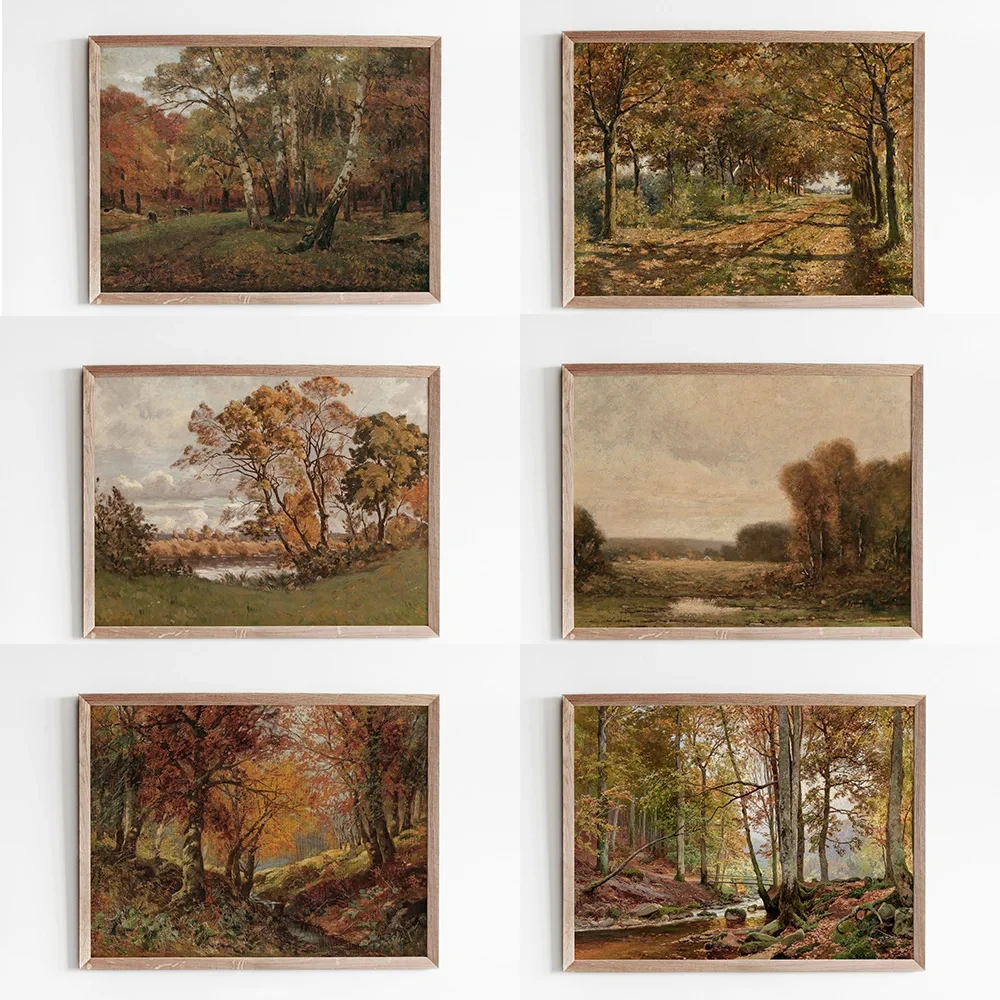 

Painting Poster Wall Art Pictures Vintage Warm Tone Autumn Landscape Trees Mid Century Canvas Oil Cozy Living Room Home Decor