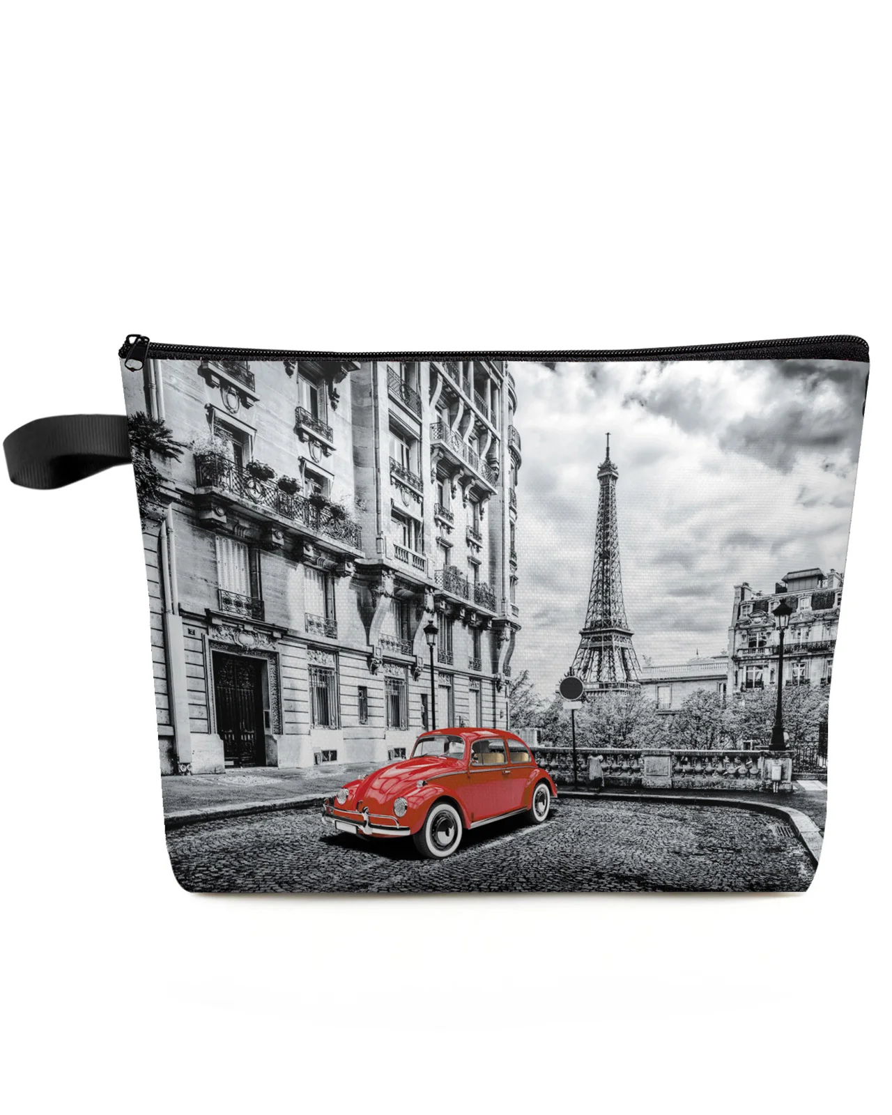 Red vintage car Paris tower street Large Capacity Travel Cosmetic Bag Portable Makeup Storage Pouch Women Waterproof Pencil Case