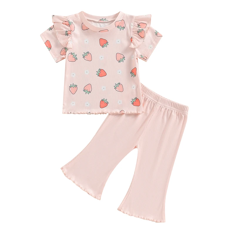 Toddler Girl Flare Pants Set Daisy Print Floral Shirt Ruffle Short Sleeve Tops Ribbed Bell Bottoms Strawberry Outfit