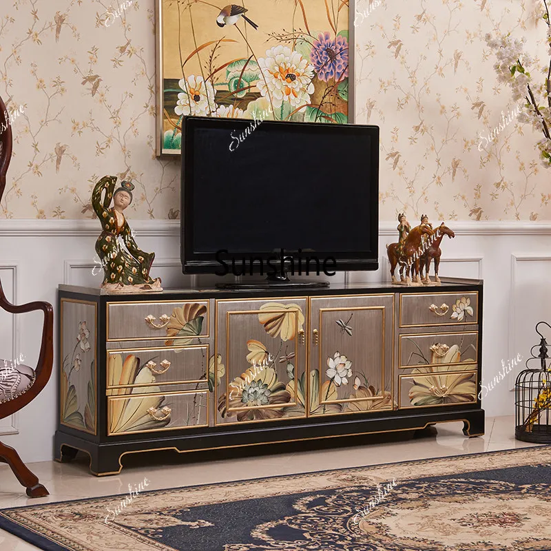 

Новый китайский стильный высококачественный напольный шкаф для гостиной из массива дерева с ящиками и вертикальным местом для телевизора.