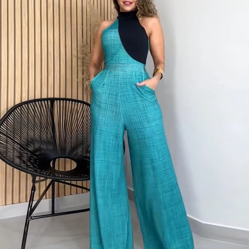 

Fashion Contraste Splice Commute Jumpsuit New Sexy Neck Hanging Shoulder Exposed Playsuit Casual High Waist Hip Hugging Bodysuit