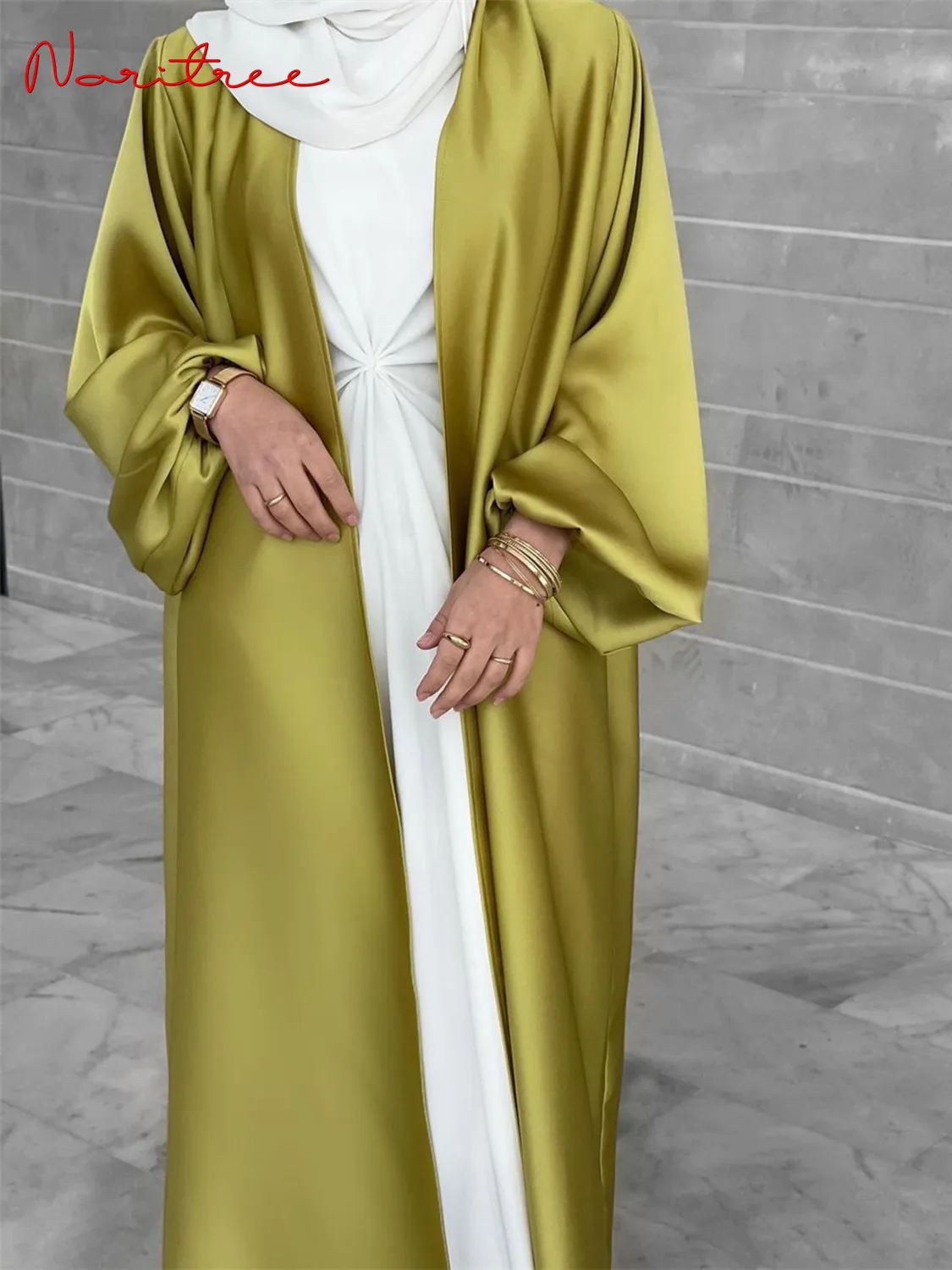 Ramadan Eid Fashion Silky Satin Muslim Abayas Robe Musulmane Abaya Cardigan Muslim Arab Worship Service Clothing Wy836