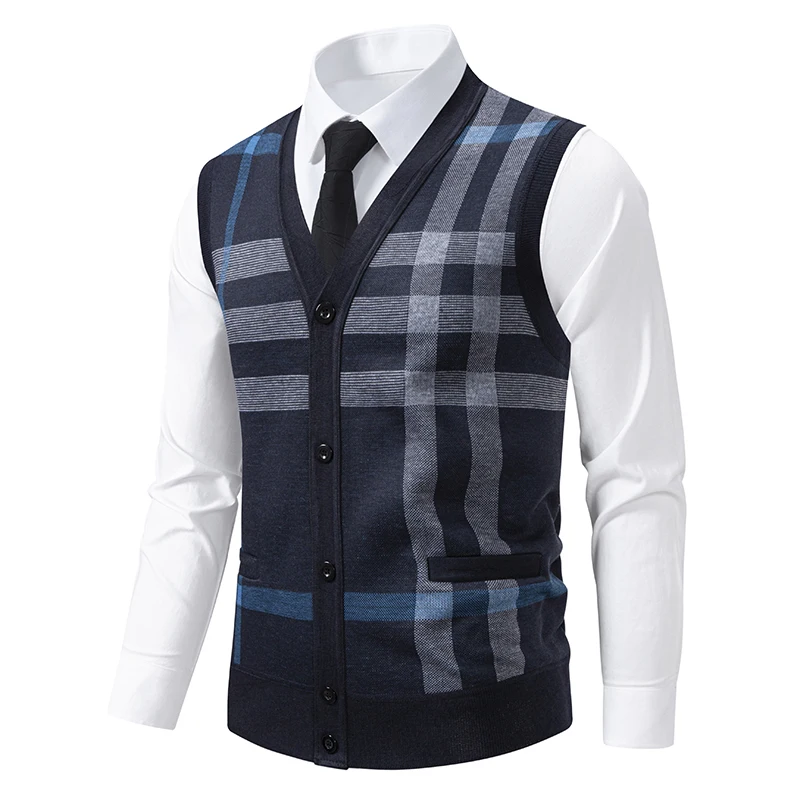 

Autumn Winter Mens Fleece Lined Knit Vests V-neck Waistcoat Mid Aged Father Geometric Knitting Sleeveless Vests
