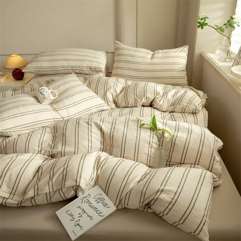 Chic Bedding Set 100% Washed Cotton Duvet Cover Set with Bed Sheet Pillowcase Ultra Soft Comfortable 3pcs/4pcs Striped Bed Set