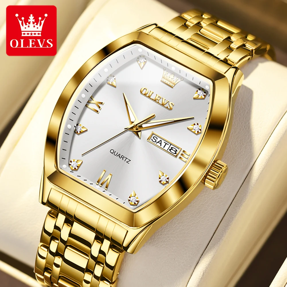 OLEVS TOP Brand Quartz Watch for Men Luxury Diamond Elegant Stainless steel Tonneau Dial Waterproof Luminous Men Wristwatch 5528