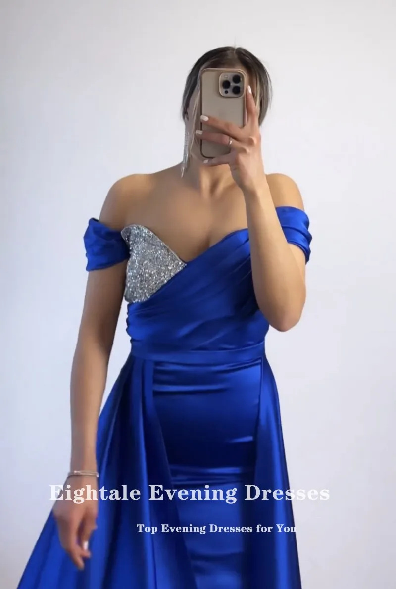 Eightale Arabic Evening Dresses for Wedding Party Off the Shoulder Royal Blue Beaded Cap Sleeves Satin Customized Prom Gown