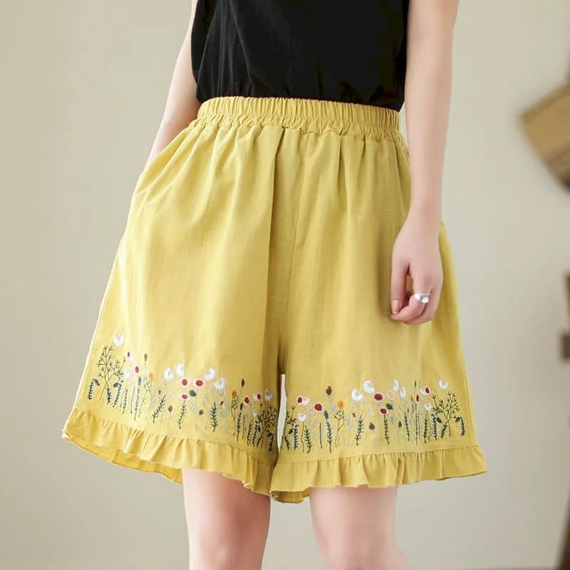 

Cotton Linen Shorts Women Casual Loose Elastic Waist A-line Wide Leg Shorts Summer Vintage Embroidery Short Pants Women Clothing