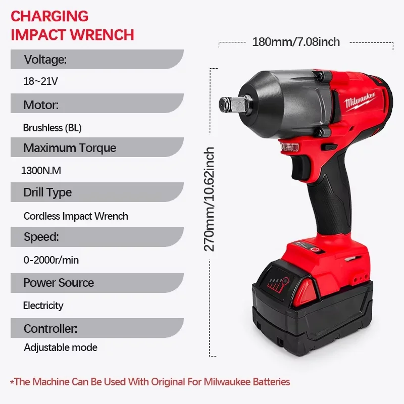 Milwaukee 1300N.m Large Torque Brushless Electric Wrench Cordless High Speed Car Truck Repair Power Tool For 18V Lithium Battery