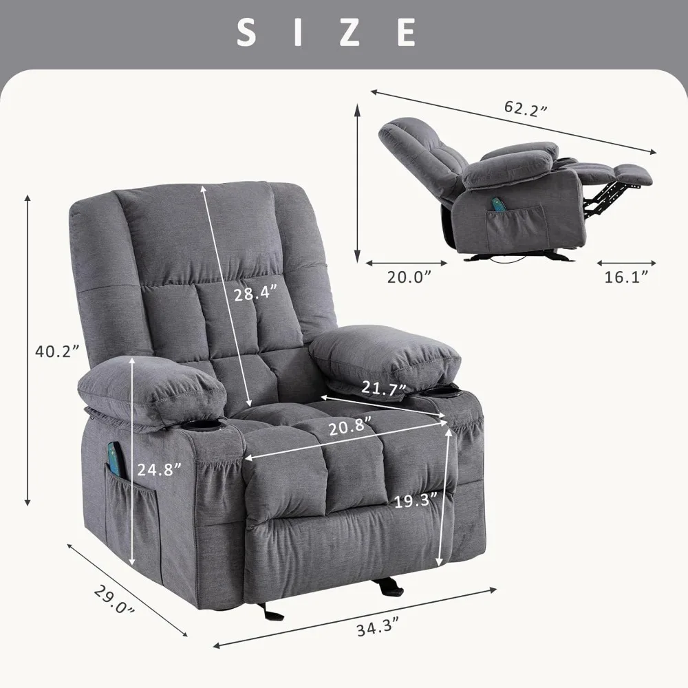 Massage joystick lounge chair with vibration massage and heating ergonomics, 2 cup holders, USB charging port