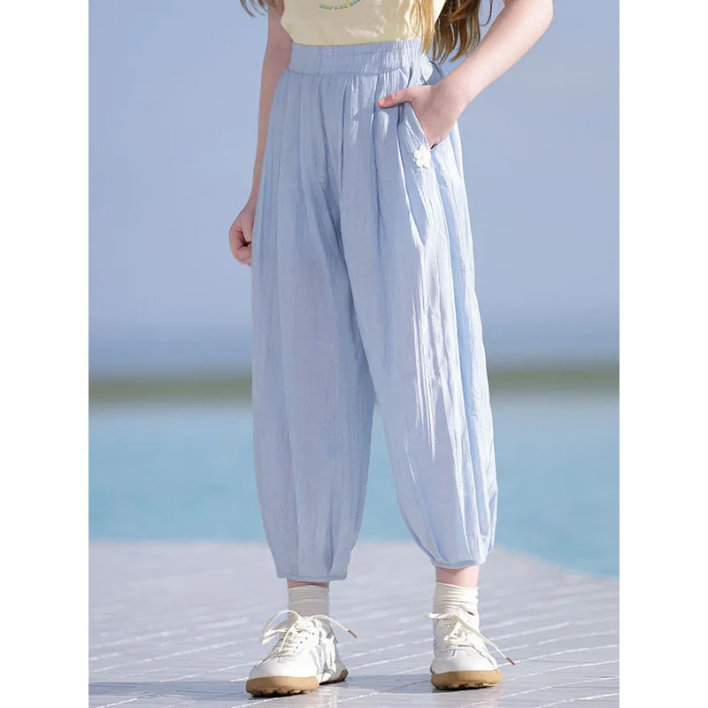 Summer New Girls Minimalist Comfortable Loose Casual Solid Color Spliced Elastic Pockets Sweet Ice Shreds Mosquito Proof Pants