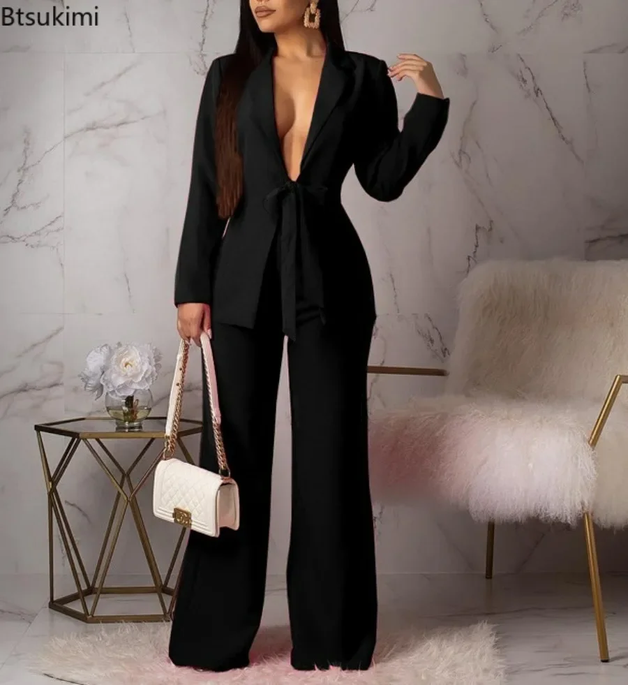 New 2024 Women\'s Formal Business Suit Sets Office Wear Two Piece Blazer Pants Sets Professional Woman Suit With Waist Tied Sets