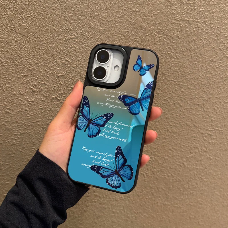 เคสกระจกคุณภาพสูงสำหรับ iPhone 11 12 13 14 15 16 17Pro Max Plus Series ลายผีเสื้อไล่สีน้ำเงิน เคสโทรศัพท์แบบกระจก